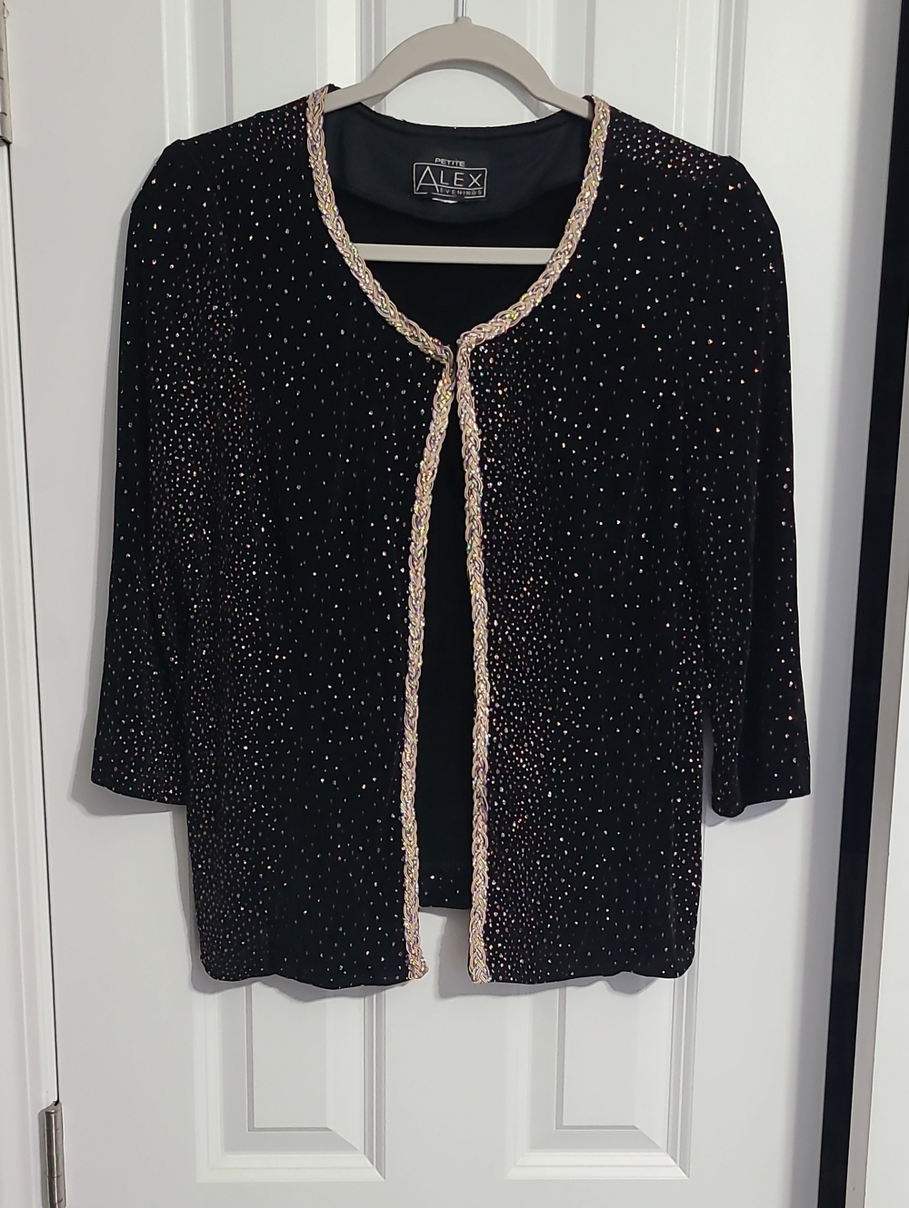 Alex Evenings Black Velvet Open-Front Vintage Cardigan with Metallic Trim - Picture 1 of 4